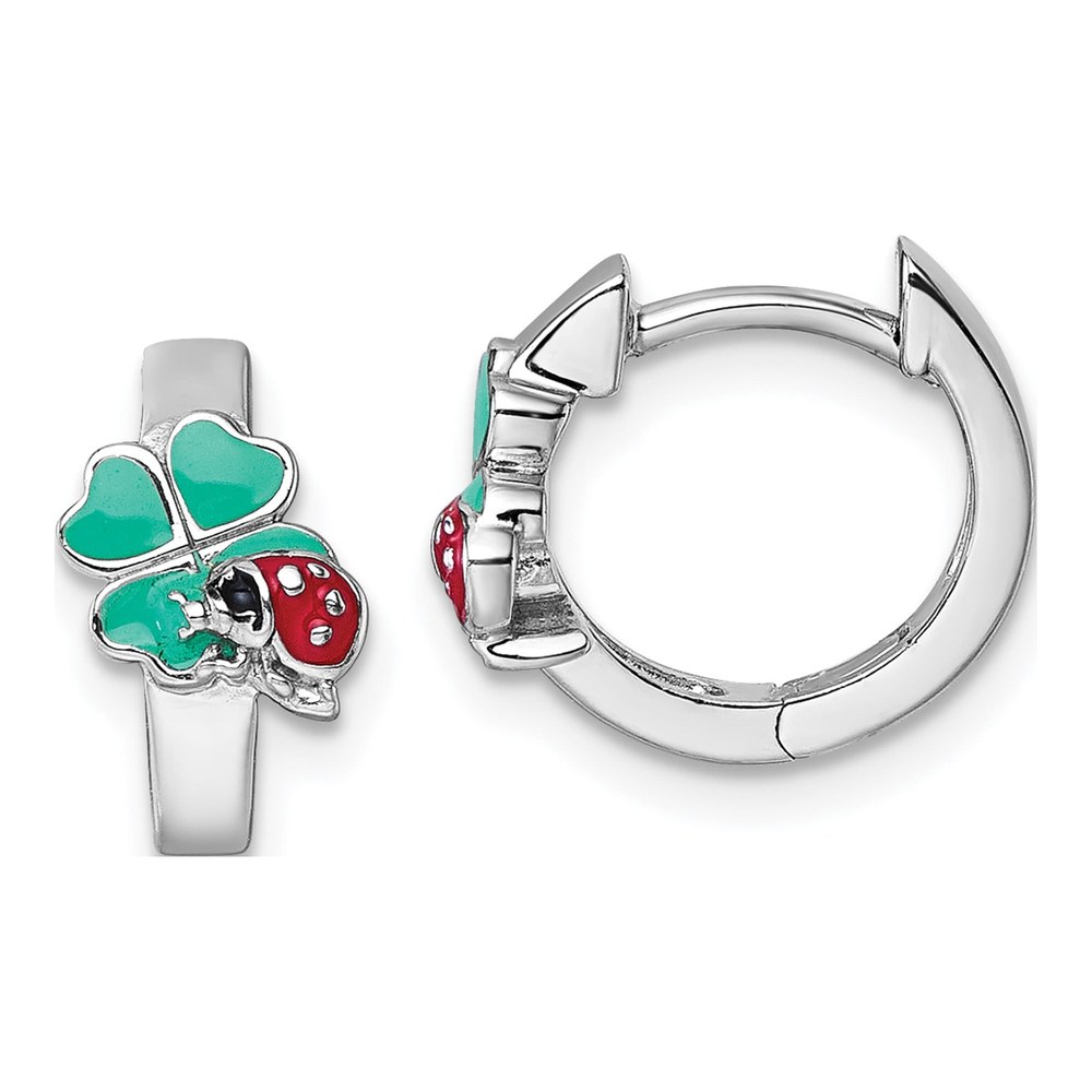 Sterling Silver Rhodium-Plated Children's Green, Red And Black Enamel Ladybug 4-Leaf Clover Hinged Hoop Earrings