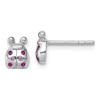 Sterling Silver Round CZ Girls' Ladybug Stud Earrings