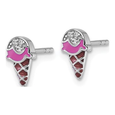 Sterling Silver Round CZ Girls' Ice Cream Cone Stud Earrings – view 3