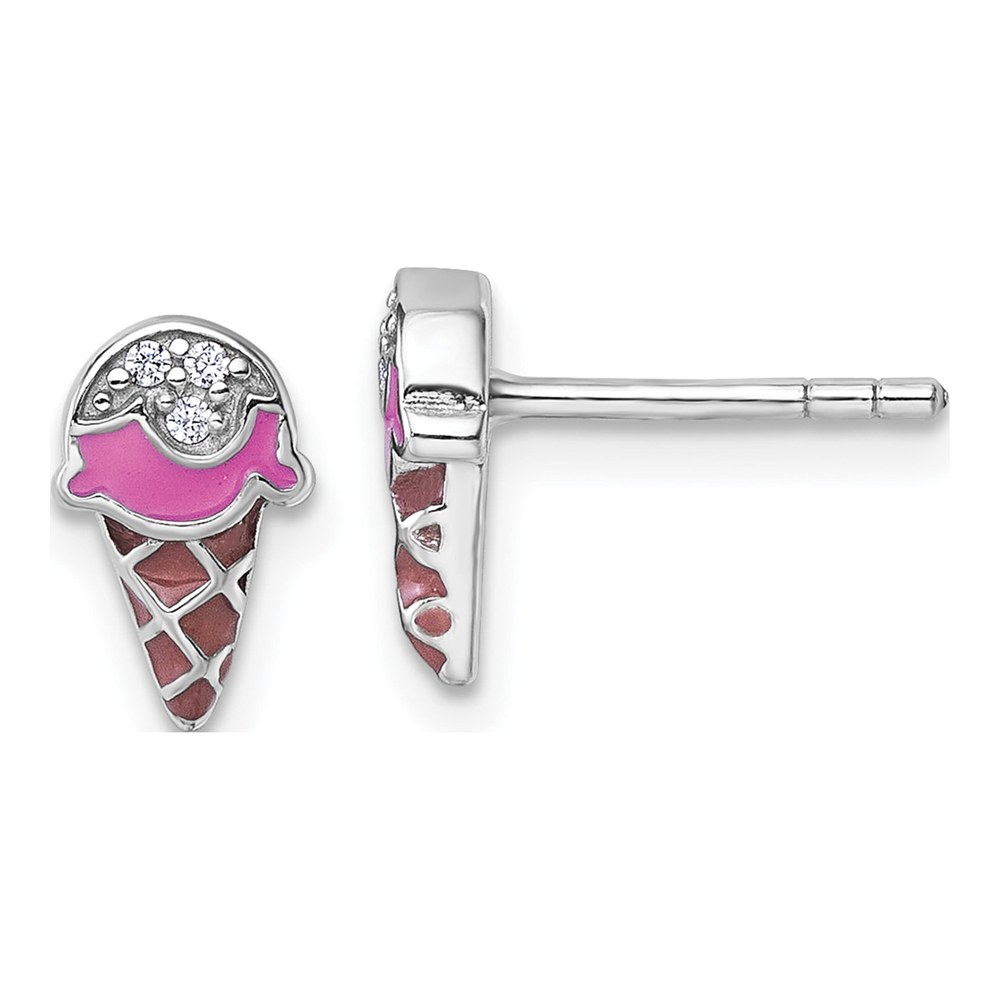 Sterling Silver Rhodium-Plated Children's Pink And Brown Enamel With Cz Ice Cream Cone Post Earrings