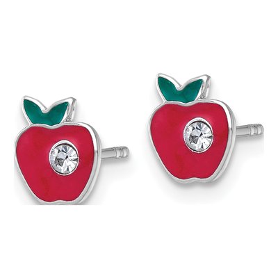 Sterling Silver Round Crystal Girls' Enamel Apple Stud Earrings – view 3