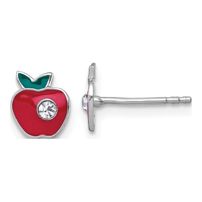 Sterling Silver Round Crystal Girls' Enamel Apple Stud Earrings