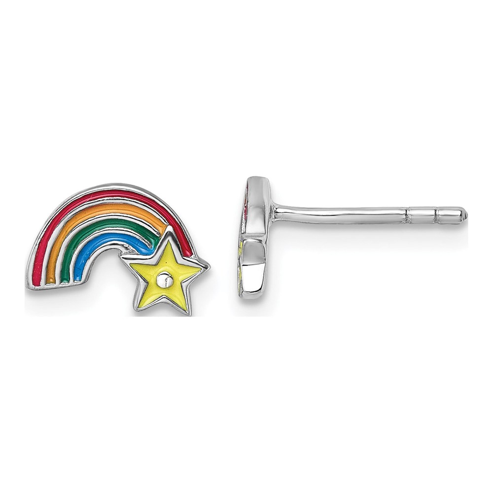Sterling Silver Rhodium-Plated Children's Multicolor Enamel Rainbow With Star Post Earrings