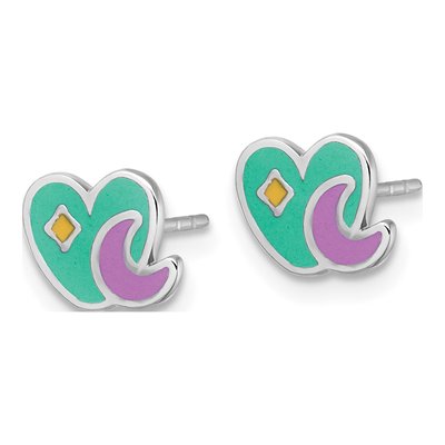 Sterling Silver Girls' Enamel Heart Moon Stud Earrings – view 3