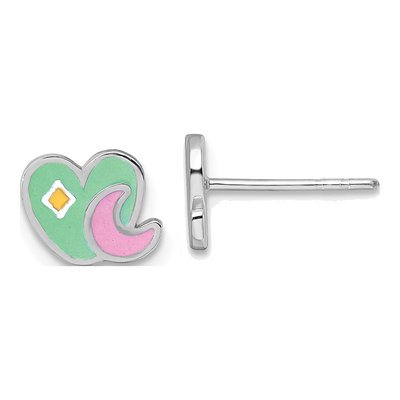 Sterling Silver Girls' Enamel Heart Moon Stud Earrings