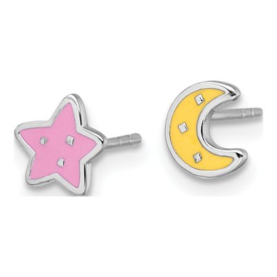 Sterling Silver Girls' Moon Star Enamel Stud Earrings – view 3