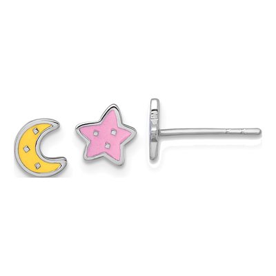 Sterling Silver Girls' Moon Star Enamel Stud Earrings