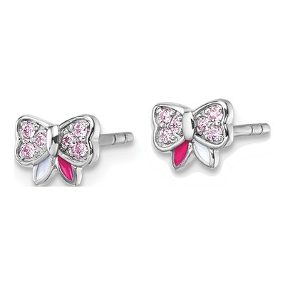 Sterling Silver Round CZ Girls' Bow Stud Earrings – view 3