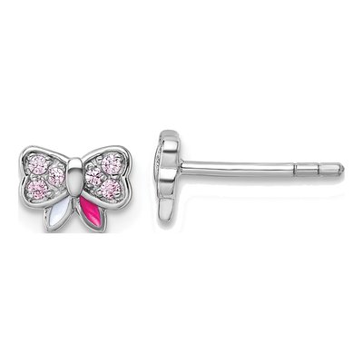 Sterling Silver Round CZ Girls' Bow Stud Earrings