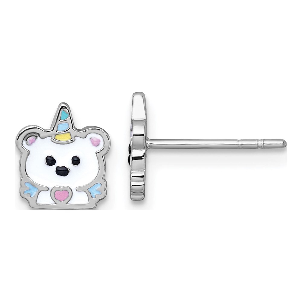 Sterling Silver Rhodium-Plated Polished White And Rainbow Enamel Unicorn Polar Bear Childrens Post Earrings