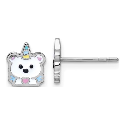 Sterling Silver Girls' Enamel Unicorn Polar Bear Stud Earrings