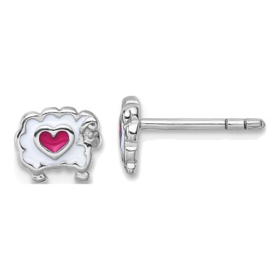 Sterling Silver Girls' Enamel Sheep Heart Stud Earrings