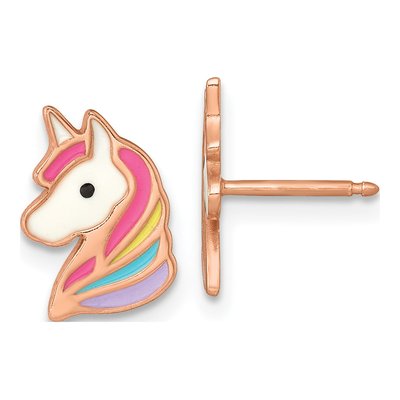 Rose Gold-Plated Sterling Silver Girls' Unicorn Enamel Stud Earrings