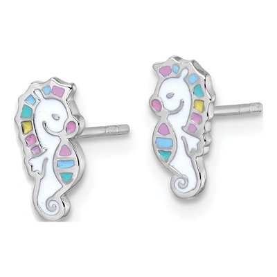 Sterling Silver Girls' Rainbow Enamel Seahorse Stud Earrings – view 3
