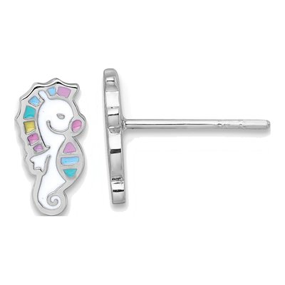 Sterling Silver Girls' Rainbow Enamel Seahorse Stud Earrings