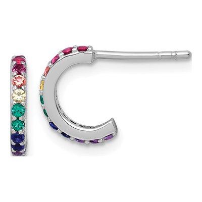 Sterling Silver 10mm Crystal Girls' Rainbow J- Hoop Earrings