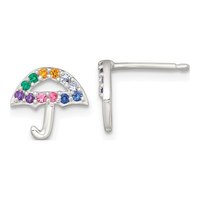 Sterling Silver Round Crystal Girls' Umbrella Stud Earrings