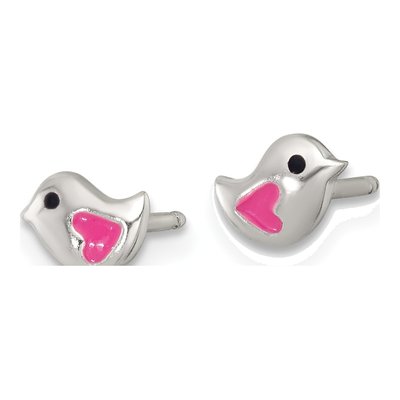 Sterling Silver Girls' Pink Black Enamel Bird Stud Earrings – view 3