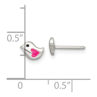 Sterling Silver Girls' Pink Black Enamel Bird Stud Earrings – view 4