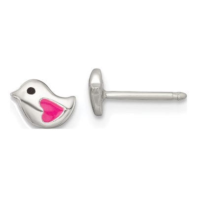 Sterling Silver Girls' Pink Black Enamel Bird Stud Earrings