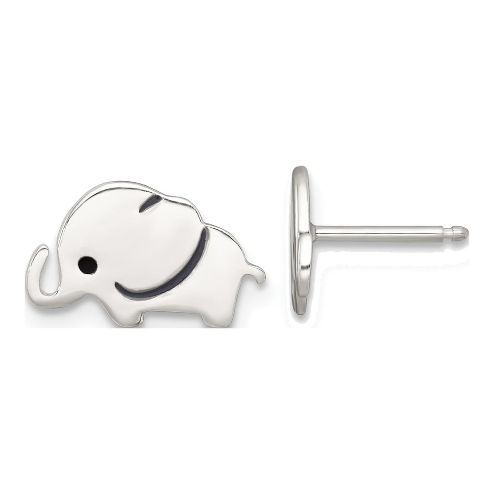 Sterling Silver Rhodium-Plated Polished Black Enameled Elephant Childrens Post Earrings
