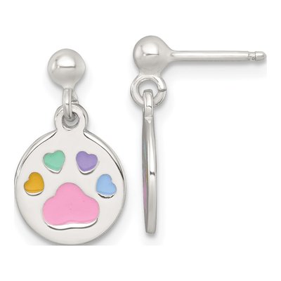 Sterling Silver Girls' Enamel Heart Pawprint Dangle Earrings