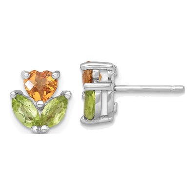Sterling Silver Marquise Peridot & Citrine Flower Stud Earrings