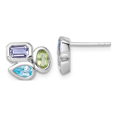 Sterling Silver Rectangle Amethyst & Swiss Blue Topaz Multi-Gemstone Stud Earrings