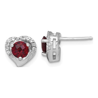 Sterling Silver Round Garnet & White Topaz Heart Stud Earrings