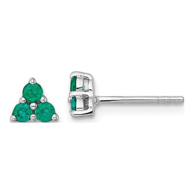 Sterling Silver Round Emerald Natural Three-Stone Stud Earrings