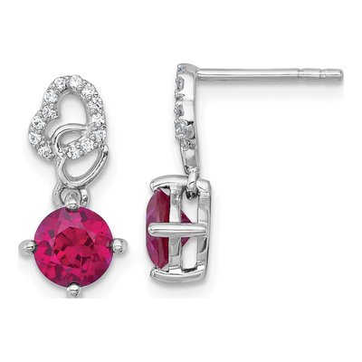 Sterling Silver Lab-Created Ruby & CZ Heart Dangle Earrings