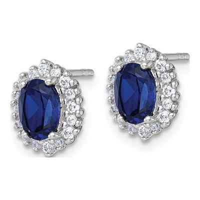 Sterling Silver Lab-Created Sapphire & CZ Oval Halo Stud Earrings – view 3