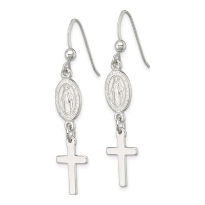 Sterling Silver Miraculous Medal Cross Dangle Earrings – view 3