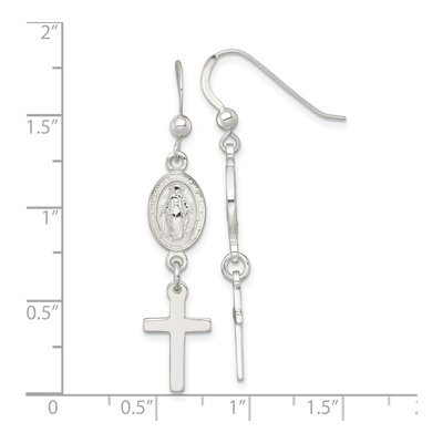 Sterling Silver Miraculous Medal Cross Dangle Earrings – view 4
