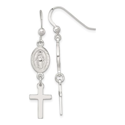 Sterling Silver Miraculous Medal Cross Dangle Earrings