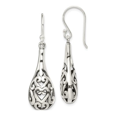 Sterling Silver Filigree Heart Teardrop Dangle Earrings