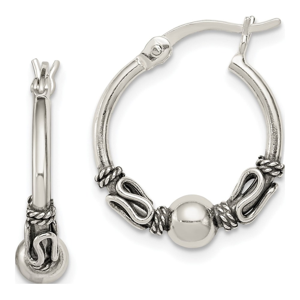 Sterling Silver Antiqued Beaded Hoop Earrings