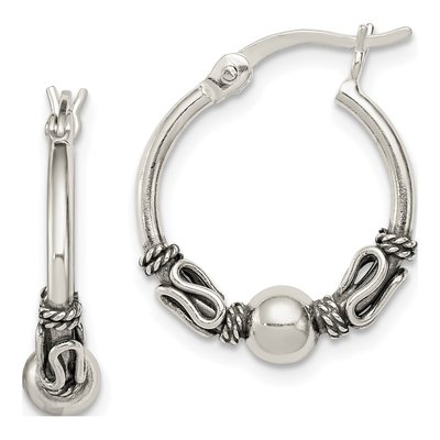 Sterling Silver 16mm Antiqued Beaded Hoop Earrings