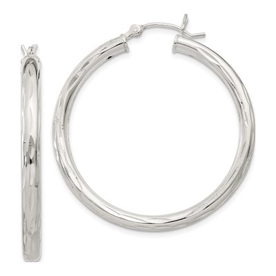 Sterling Silver 35mm Diamond-Cut Hoop Earrings