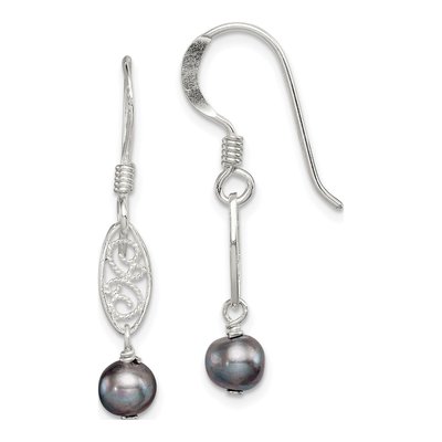 Sterling Silver Grey Freshwater Cultured Pearl Filigree Dangle Earrings