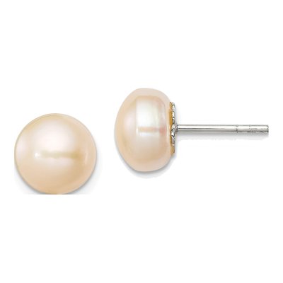 Sterling Silver Pink Freshwater Cultured Pearl Peach Button Stud Earrings