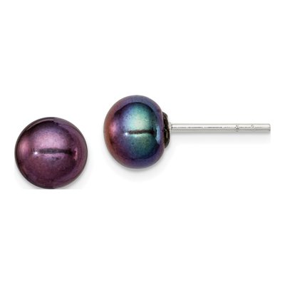 Sterling Silver Black Freshwater Cultured Pearl Button Stud Earrings