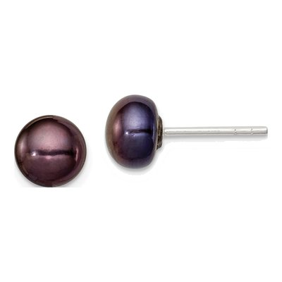Sterling Silver Black Freshwater Cultured Pearl Button Stud Earrings