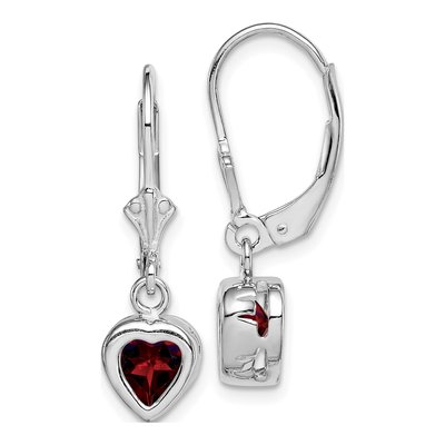 Sterling Silver Garnet Heart Leverback Earrings