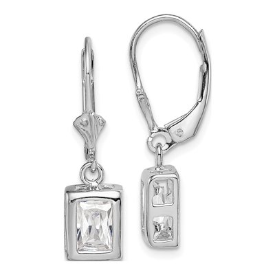 Sterling Silver CZ Emerald-Cut Leverback Earrings