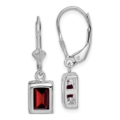 Sterling Silver Garnet Emerald-Cut Leverback Earrings