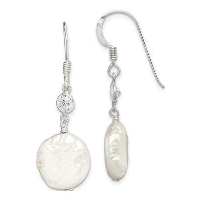 Sterling Silver Freshwater Cultured Pearl & CZ Coin Dangle Earrings