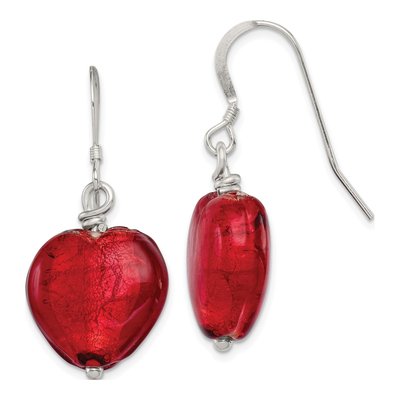 Sterling Silver Red Murano Glass Heart Dangle Earrings