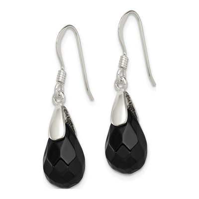 Sterling Silver Onyx Faceted Teardrop Dangle Earrings – view 3