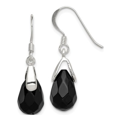 Sterling Silver Onyx Faceted Teardrop Dangle Earrings